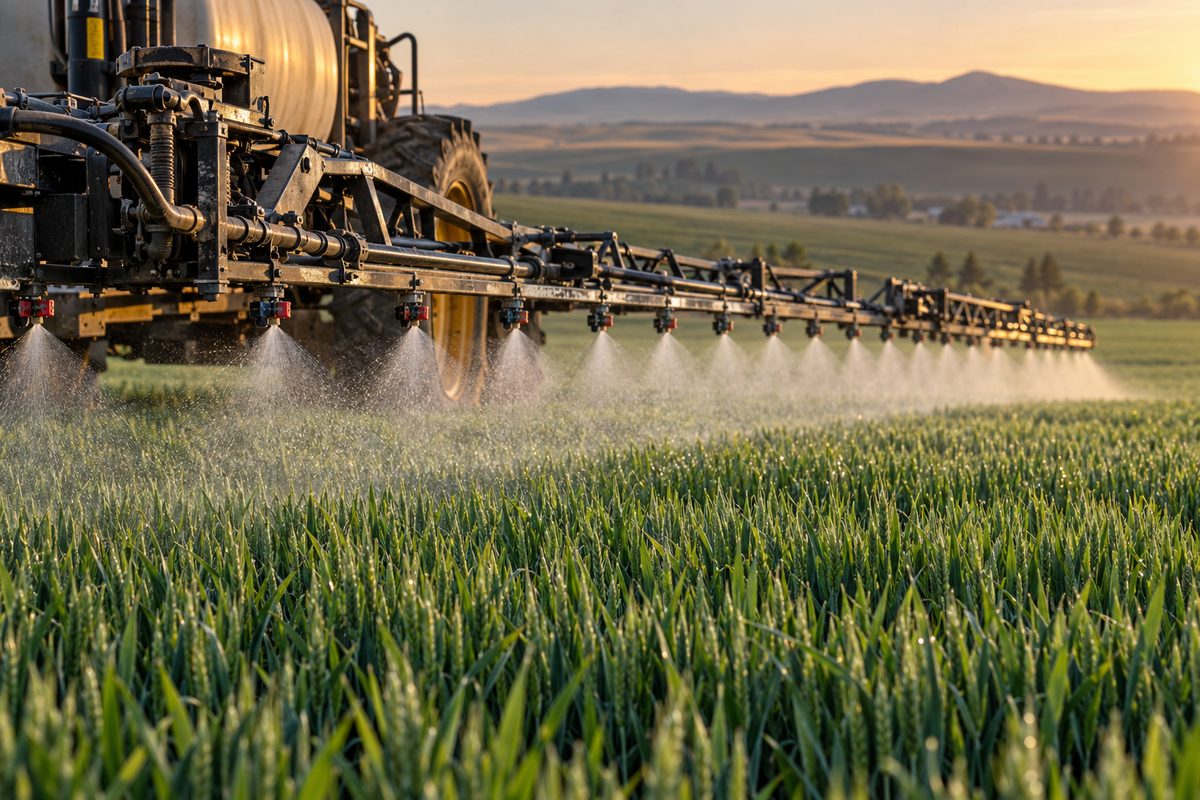 Commercial boom sprayer nozzles delivering precision spray pattern across young wheat stand.