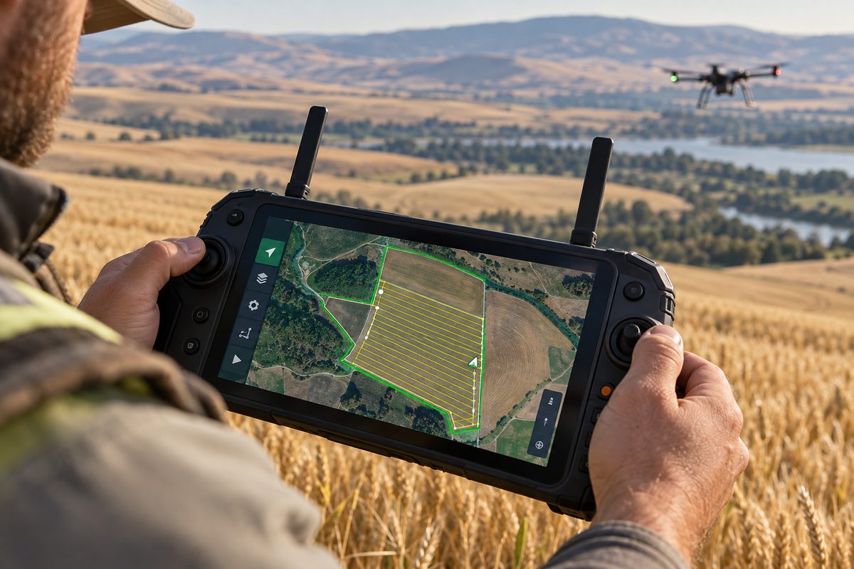 RTK flight controller console with field boundary polygons and flight paths.