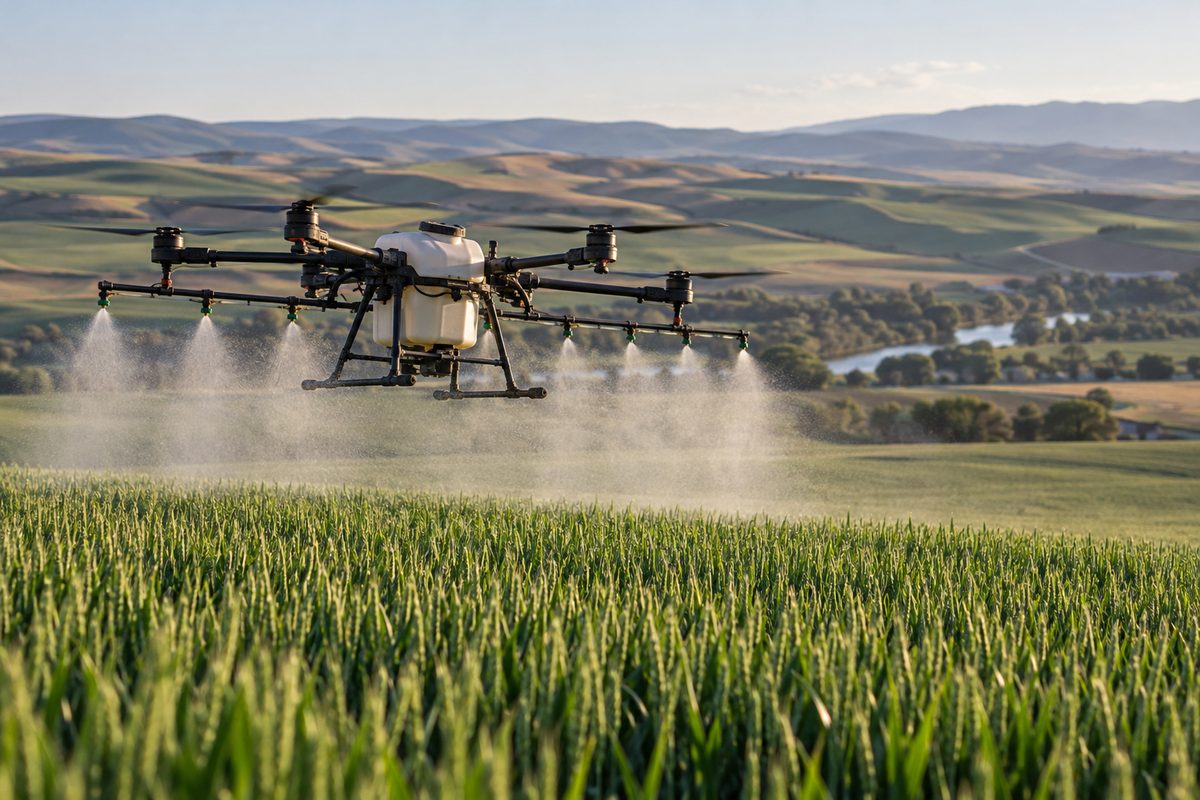 Agricultural spraying drone applying crop treatment over winter wheat field.