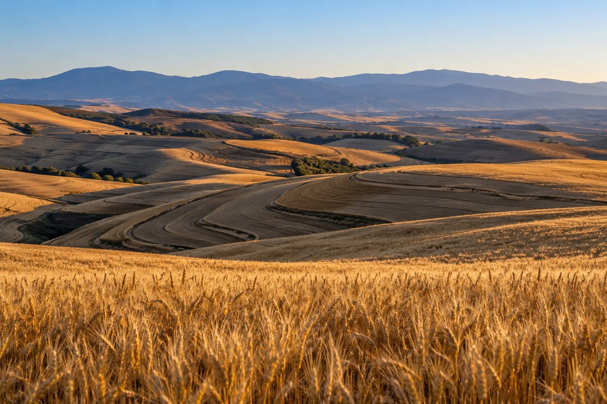 Rolling dryland wheat fields across Walla Walla County during late afternoon sunlight.