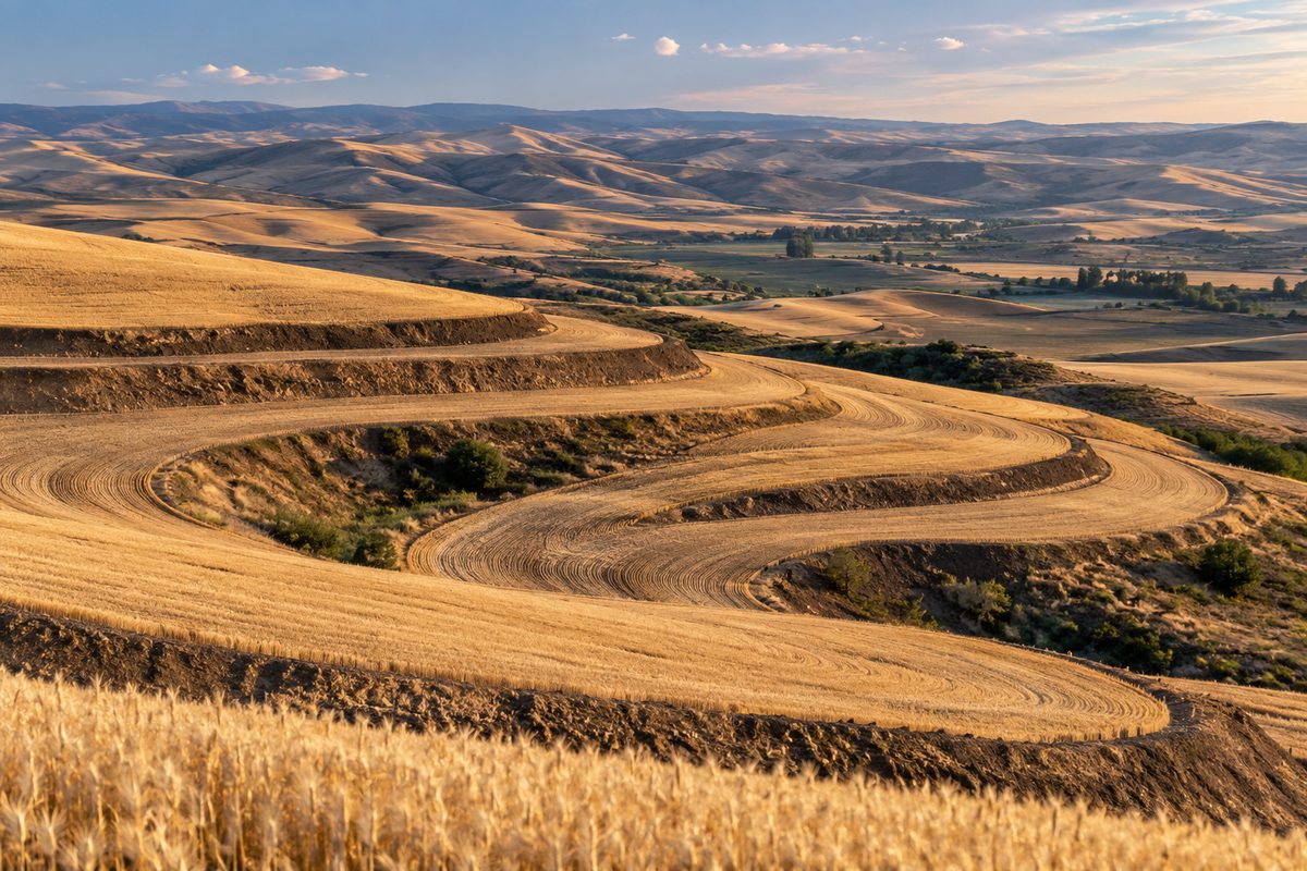 Contoured conservation terraces and hillside wheat fields in Columbia County.