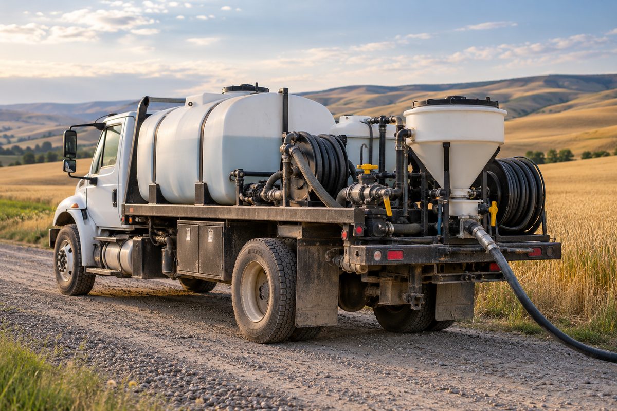 Chemical batching and nurse truck mixing station on farm road.